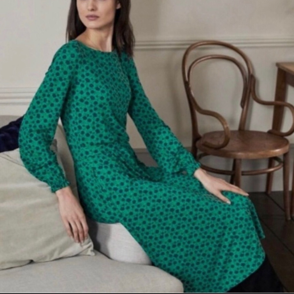 Boden Evelyn long sleeve jersey midi dress green/ navy blue floral print Size 6P